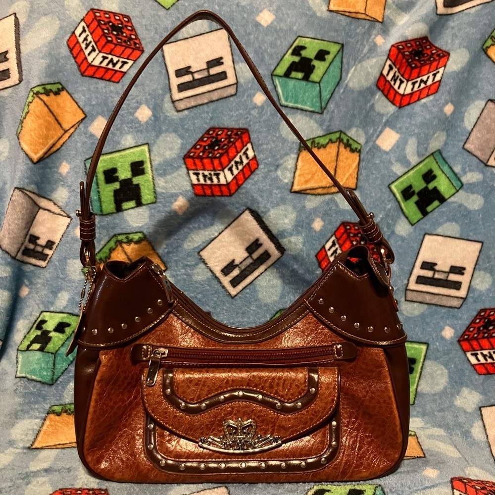 Elegant Brown Leather Shoulder Bag with Stud Accents